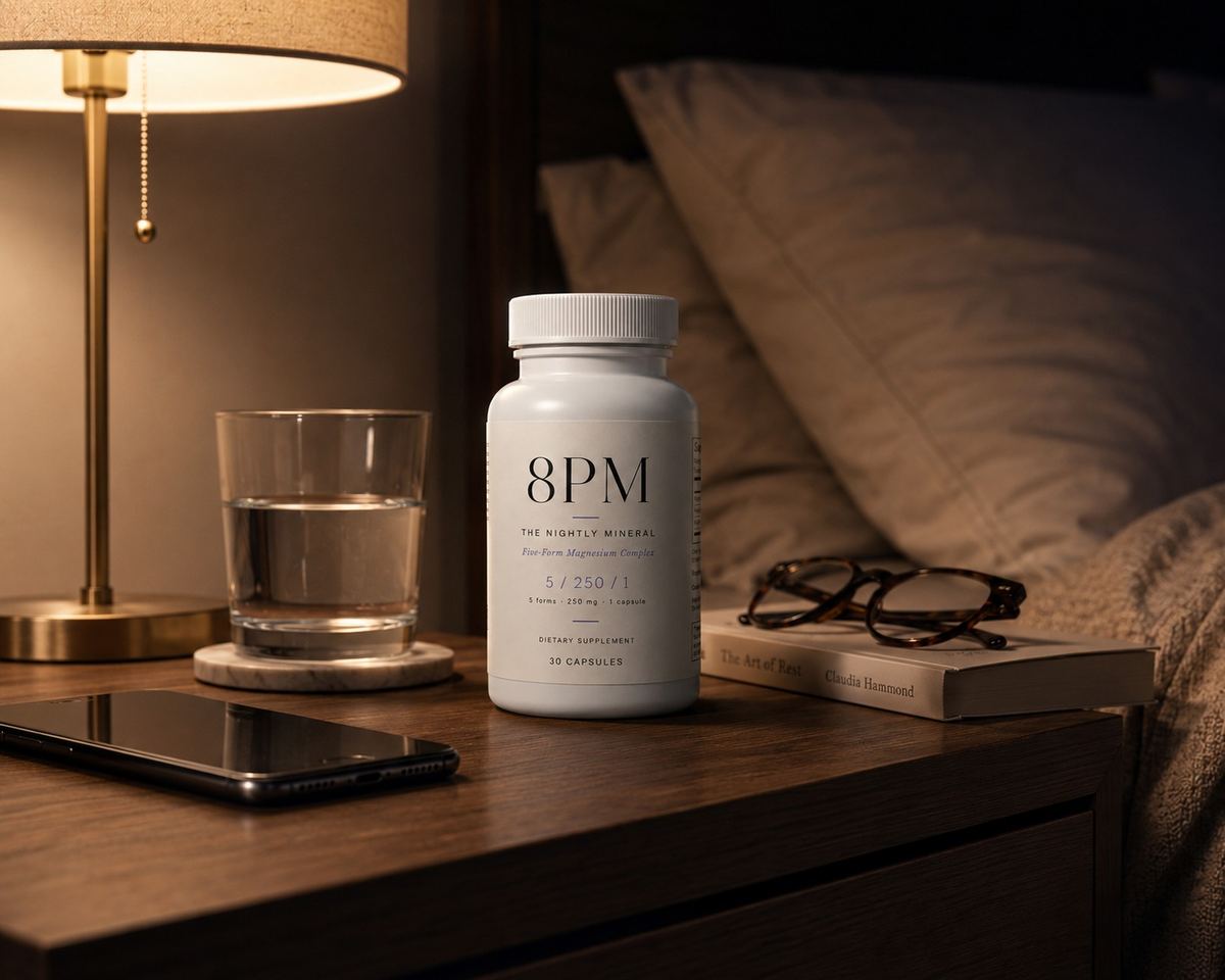 8PM on a nightstand with water and a lamp
