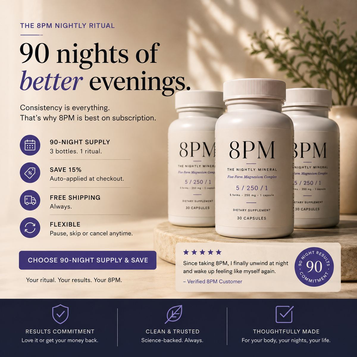 90 nights of better evenings with 8PM — three bottles, one ritual